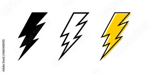 Set of lightning icons. Thunderbolt silhouettes isolated on white background. Blitz, flash light, energy, power or voltage symbols. Danger, hazard or warning pictograms. Vector graphic illustration.