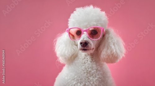 Adorable Funny White Poodle Dog in Pink Sunglasses