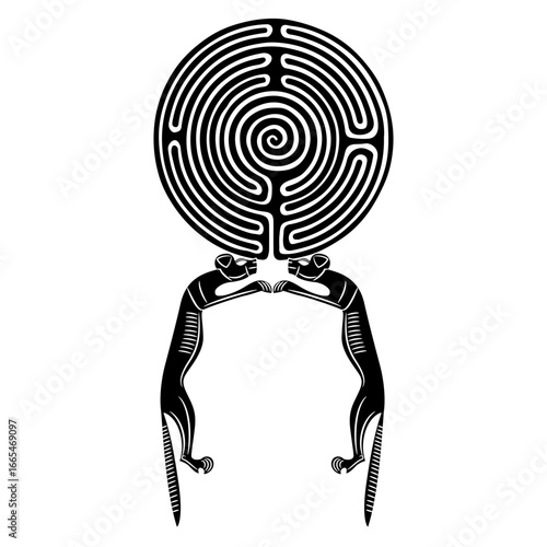 Symmetrical design with two hyenas holding a round spiral maze or labyrinth symbol. Enigma of ancient Egyptian civilization. Black and white silhouette.