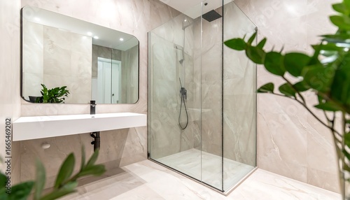A modern bathroom boasts a sleek, glass-enclosed shower stall and a minimalist, white vanity.