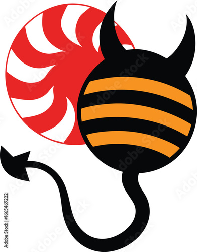a devil tail silhouette on retro stripe sun on whi.eps