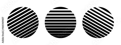 Black striped circles isolated on white background. Round streaked shapes. Moon, sunrise or sunset icons. Minimalistic geometric elements. Vector graphic illustration.