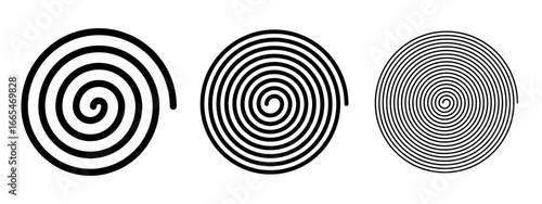 Spiral icons with lines of different thicknesses. Dizzy effect. Hypnotic psychedelic patterns. Whirlpool, vertigo, tornado or funnel symbols. Archimedean curve shapes. Vector graphic illustration.