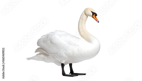 Fototapeta Naklejka Na Ścianę i Meble -  Graceful swan in profile, showcasing its elegant posture against a plain white background.