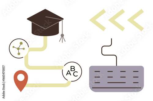 Graduation cap on a path connecting location marker, learning nodes, and a keyboard. Ideal for education, e-learning, career growth, knowledge sharing, online study, skill development simple flat