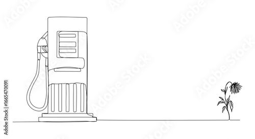 Conceptual one-line illustration of a gas pump station connected by a continuous line to a wilted flower. Concept of climate change, and environmental awareness.