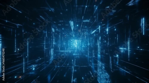 Abstract digital tunnel with glowing neon lines and particles