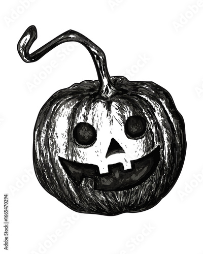 
 Cartoon-style pumpkin illustration. Creepy Cartoon Jack-o'-Lantern. Black and white hand drawn pumpkin illustration 