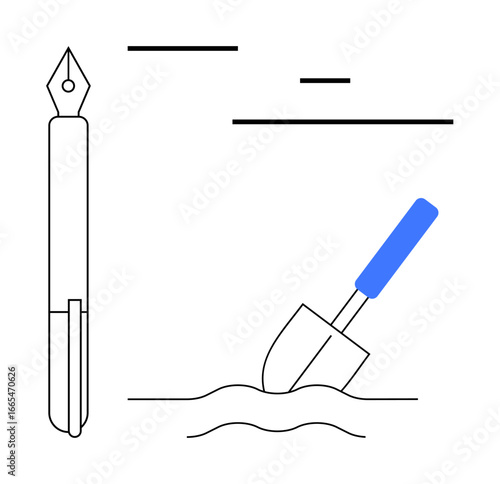 Pen and spade reflecting creativity and groundwork with fluid lines. Ideal for writing, innovation, growth, planning, education, teamwork, creativity. Perfect for a simple landing page