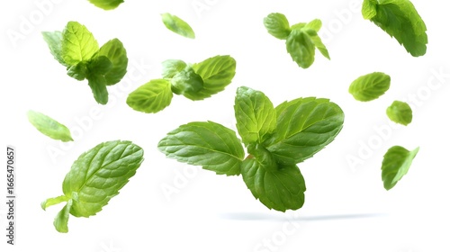 Fresh Mint Leaves Floating in Air on White Background