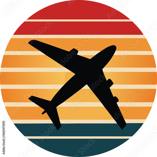 a plane silhouette on retro stripe sun on white ba.eps