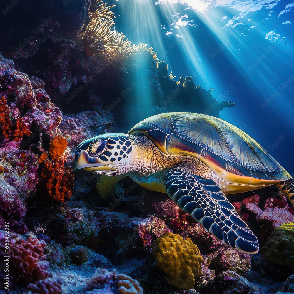 Fototapeta premium Turtle gracefully resting on a sunlit reef, vibrant coral colors surrounding, soft ambient underwater lighting, cinematic wildlife photography, breathtaking realism 