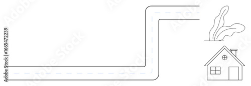Curved road leading to a small house with a chimney and two trees. Ideal for rural living, simplicity, minimalism, home design, navigation, real estate, or neighborhood concepts. Simple flat metaphor