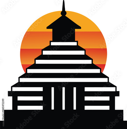 a temple silhouette on retro stripe sun on white b.eps