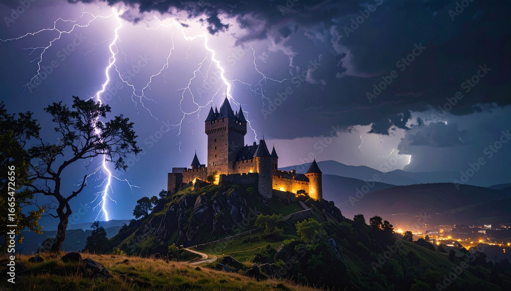 Fototapeta premium A witch casting a spell in front of a spooky haunted house on Halloween night in Switzerland.