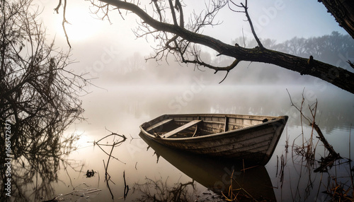 A solitary boat adrift on a foggy lake, creating a spooky and mysterious atmosphere for Halloween in Switzerland.