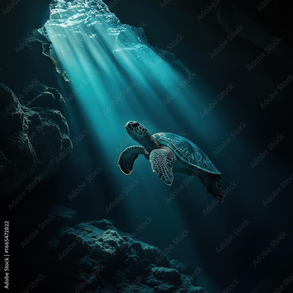 Obraz premium Turtle navigating through an ancient underwater cave, deep shadows and mysterious lighting, cinematic marine wildlife photography, ultra-detailed fine art composition 