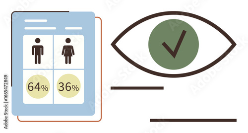 Document with gender statistics percentages, silhouettes for male and female, alongside an eye illustration with a check mark. Ideal for data analysis, demographic research, survey results, reporting