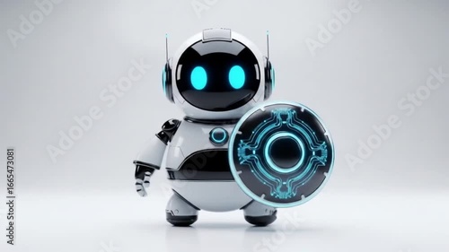 Cute Futuristic Spherical Robot Holding Glowing Shield on Clean Background | 3D Minimalist Animation