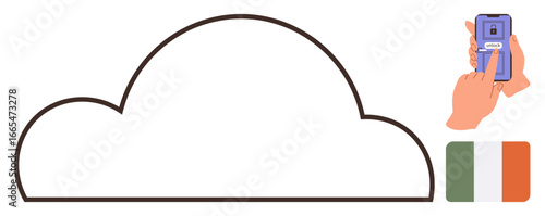 Abstract cloud outline connected to a hand holding smartphone with unlock screen icon and Irish flag. Ideal for technology, cloud computing, data security, mobile access, digital connection, national