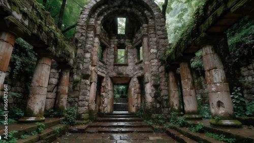 Wallpaper Mural Ancient stone ruins in lush forest. Abandoned arched structure with columns. Mystical archaeological site overgrown with vegetation. Exploring lost civilizations concept. Torontodigital.ca