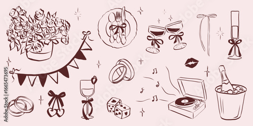 Hand drawn coquette wedding elements. Vintage cute symbols with ribbon and bow in simple crayon sketch style. Trendy art for Valentine day and bachelorette invitations. Doodle vector illustration