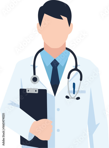Flat vector illustration of a male medical doctor or physician character in a white lab coat with a stethoscope and clipboard, representing healthcare and hospital services