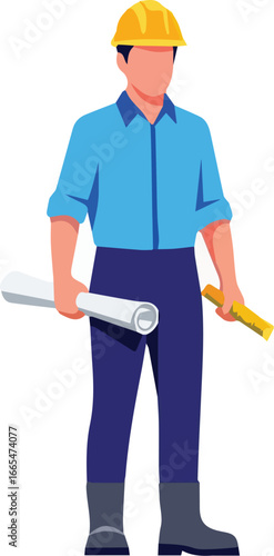 An illustration of a male construction engineer or architect holding blueprints and a tool, representing a professional industrial worker concept