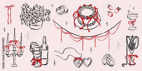 Hand drawn coquette wedding elements. Vintage cute symbols with ribbon and bow in simple crayon sketch style. Trendy art for Valentine day and bachelorette invitations. Outline vector illustration