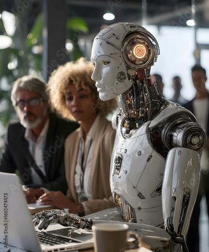 Sleek white humanoid robot with exposed mechanics and a glowing head processor working at a desk.