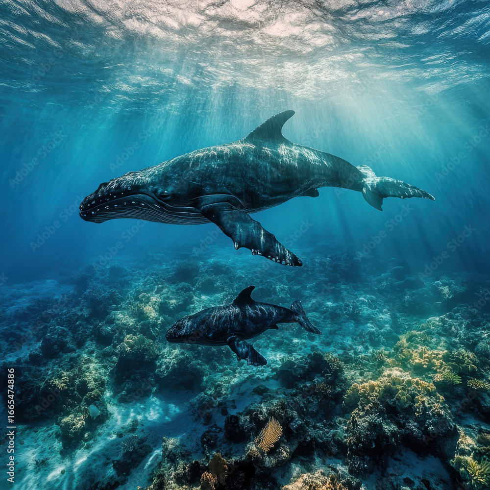 Fototapeta premium Whale and baby calf resting near a shallow coral reef, warm sunlit water, vibrant marine biodiversity, cinematic fine art marine wildlife photography, ultra-detailed realism 