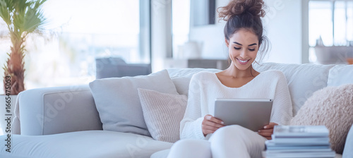 Happy young woman sitting on sofa in modern white living room, using Tablet computer to view  content surrounded by bright natural light. Beautifull people and modern technology concept image.