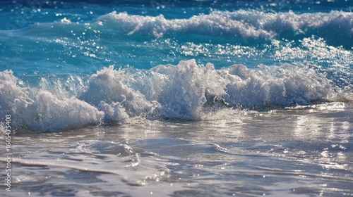 Beautiful Ocean Waves Crashing Onto Sandy Beach with Sparkling Blue Water and Sunlit Foam in Tropical Paradise