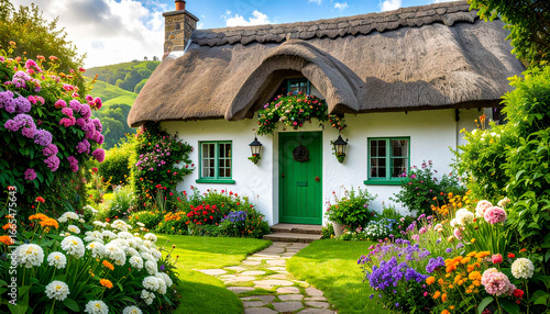 A charming, traditional Irish cottage with a thatched roof, nestled in the lush green countryside.