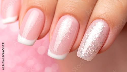 Close-up of manicured nails with light pink and white design