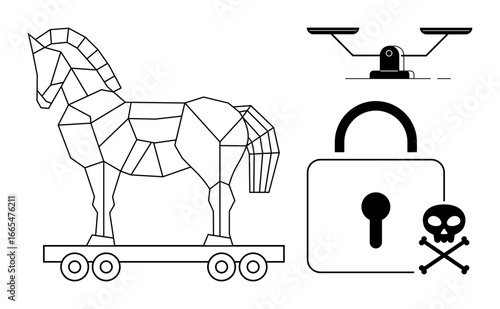 Geometric Trojan horse, balanced scales, padlock, and crossed-bones icon symbolizing cybersecurity, hacking, justice, digital safety, privacy caution and secure coding. Ideal for technology data
