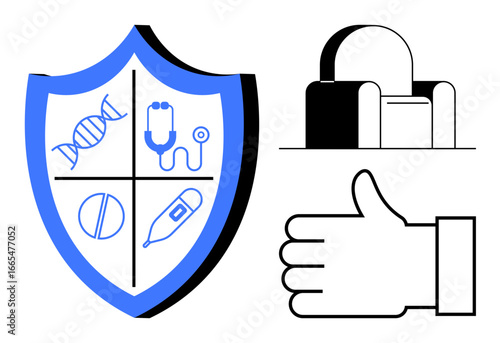 Shield with medical icons, ballot box, and thumbs-up hand gesture. Ideal for healthcare, trust, voting, support, protection decision-making and branding. Perfect for a simple landing page