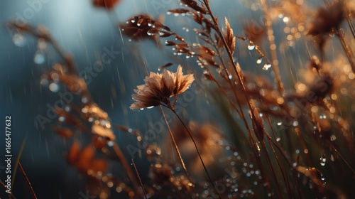 Ephemeral beauty of rain-kissed flowers and grasses in a tranquil field