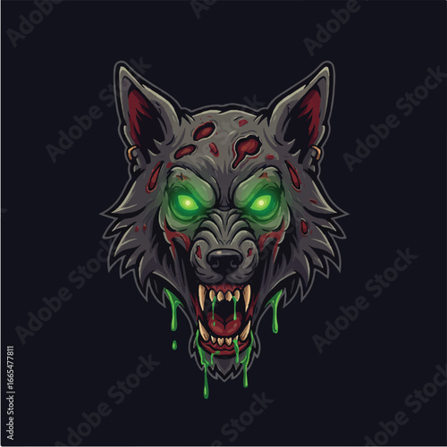 Menacing illustration of a snarling zombie wolf head with glowing green eyes, sharp fangs, and blood stains.