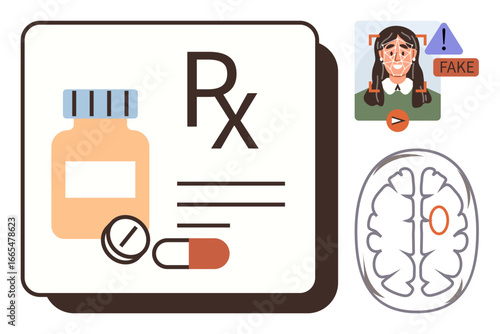 Prescription medicine bottle, pills, fake news alert with play icon, brain diagram highlight a neural impact. Ideal for health, misinformation, neuroscience, mental wellness, media literacy mind