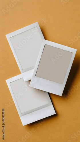 Three blank instant photo frames with textured white borders in a scattered arrangement.