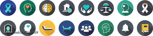 Set of 16 flat circular icons representing health, wellness, and community support