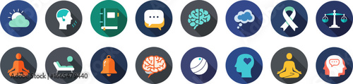 Set of 16 round badge icons with muted colors representing mental health and well-being themes