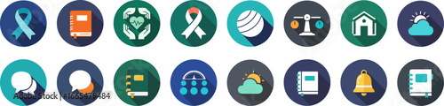 Set of 16 round icons with blue, green, and gray borders on dark background