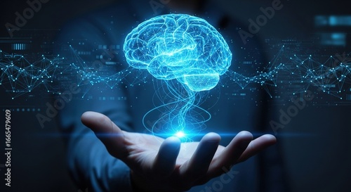 Human hand holding digital brain with glowing network, representing artificial intelligence and future technology, perfect for innovation and science visuals.