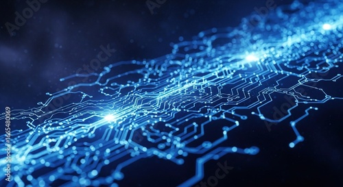 Futuristic glowing blue circuit board background for innovative technology solutions, showcasing connectivity and data flow in a modern digital world