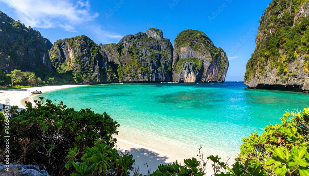 Fototapeta premium Maya Bay Paradise A Tropical Island Getaway with Turquoise Waters and Lush Greenery