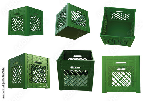 A green square plastic milk crate from six angles as vector file created by 3D modeling.