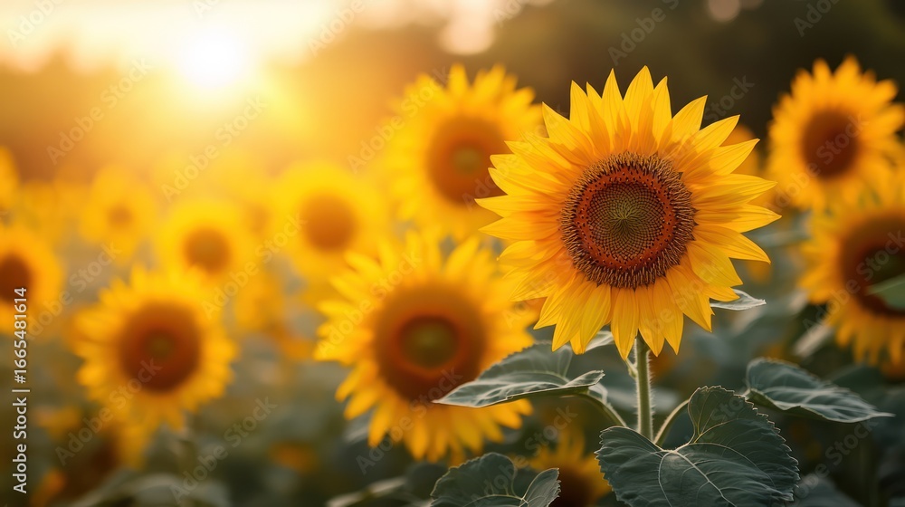 Fototapeta premium Golden field of sunflowers basking in the warm glow of the sunset light