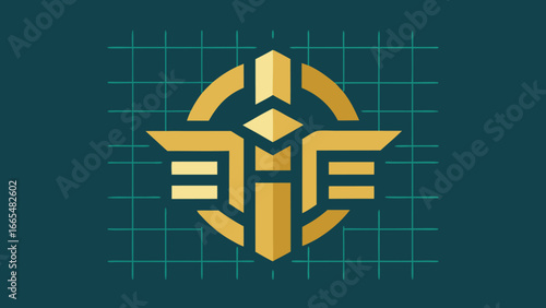 Golden Abstract Emblem with Grid Lines on Teal Background geometric
